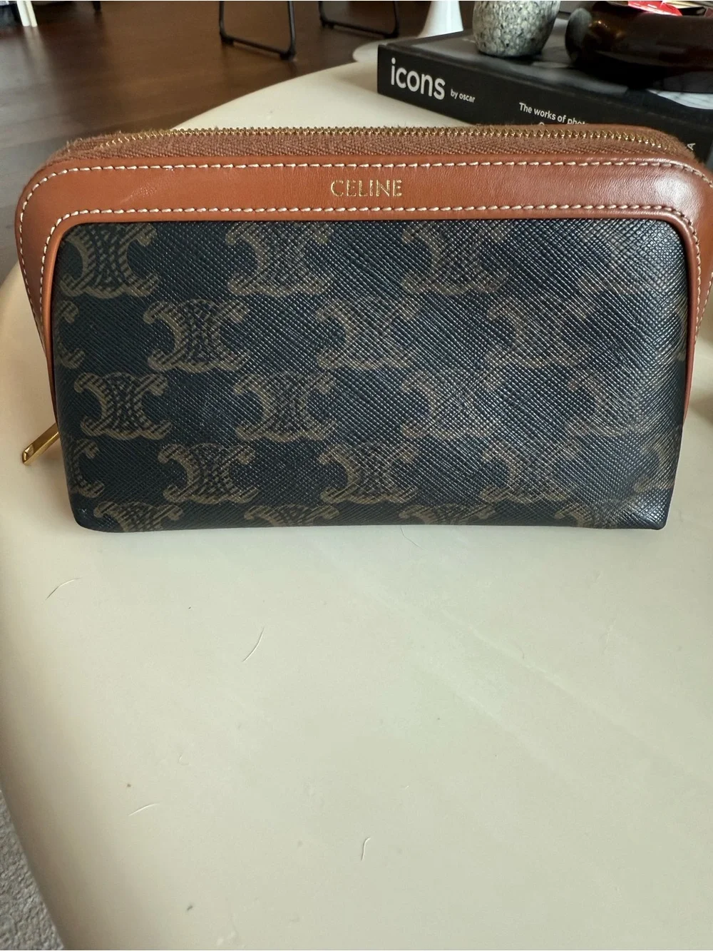 Celine Black & Brown Triomphe Logo Toiletry Pouch